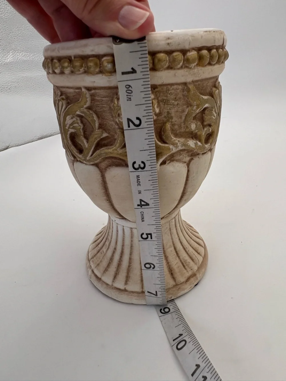 Vintage Grecian Style Cream and Golden Brown Ceramic Pedestal Vase or Planter